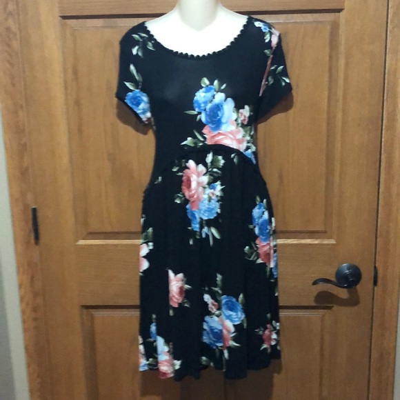 My Beloved Black/Coral/Blue Print Dress, Sz L - Picture 2 of 2